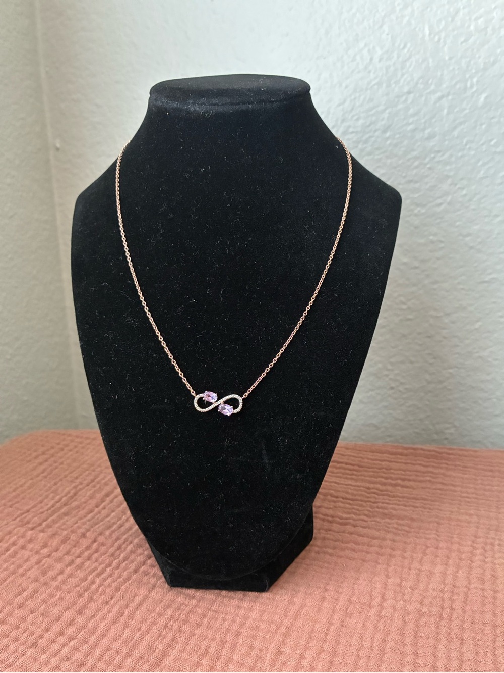 925 Sterling Silver Rose Gold Infinity Necklace with Purple Stones 15”-17”